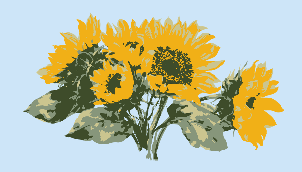 Digital illustration of a bouquet of yellow sunflowers with green leaves against a light blue background.