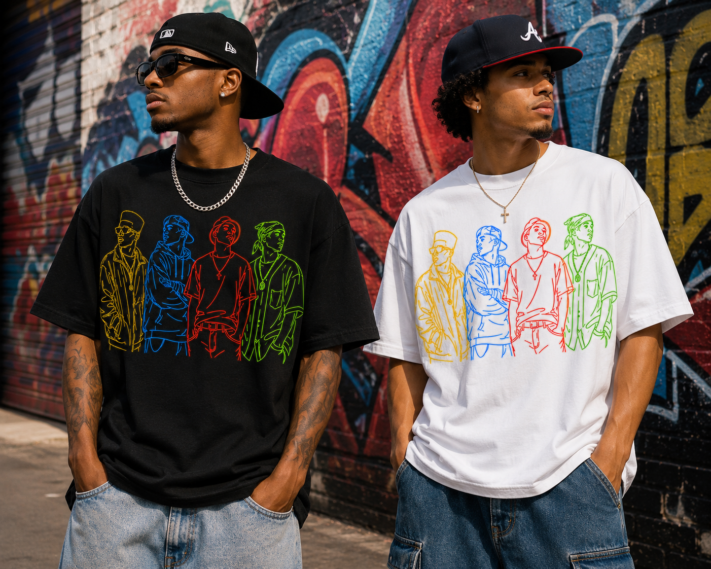 Two young men standing outdoors in front of a colorful graffiti wall wearing oversized graphic t-shirts featuring line art of four Men in neon colors, Yellow, Blue, Red, Green