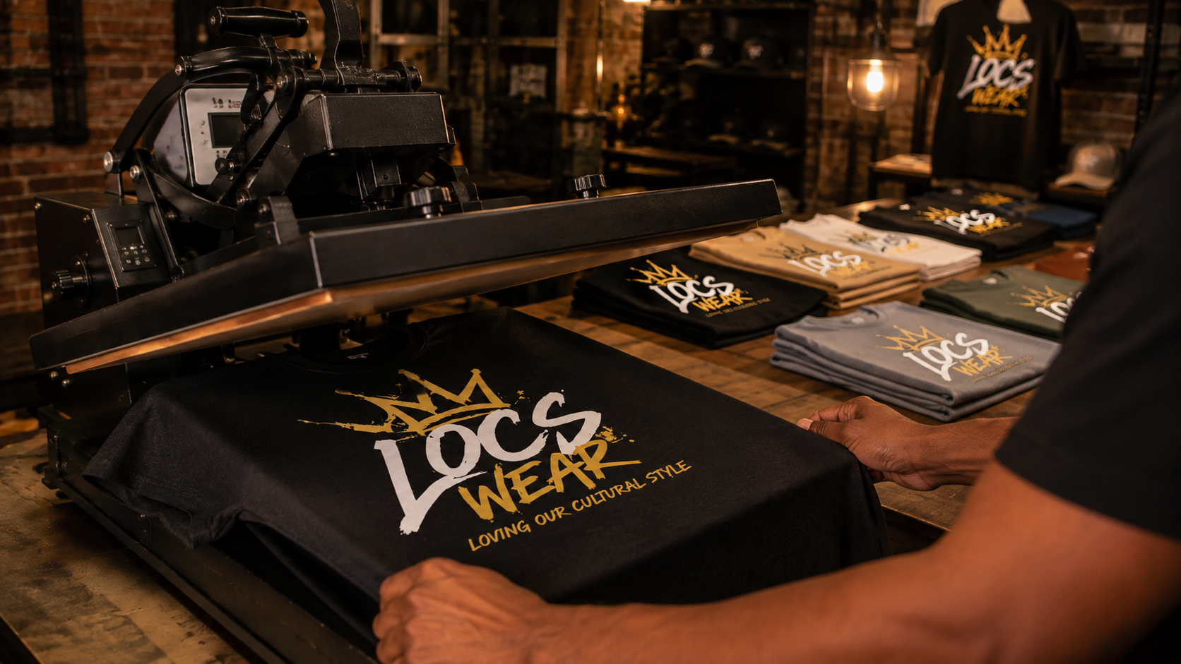 Person pressing a black T-shirt with the 'LOCS WEAR' logo and slogan 'Loving Our Cultural Style' using a heat press machine. Several folded shirts with the same design are on the table.