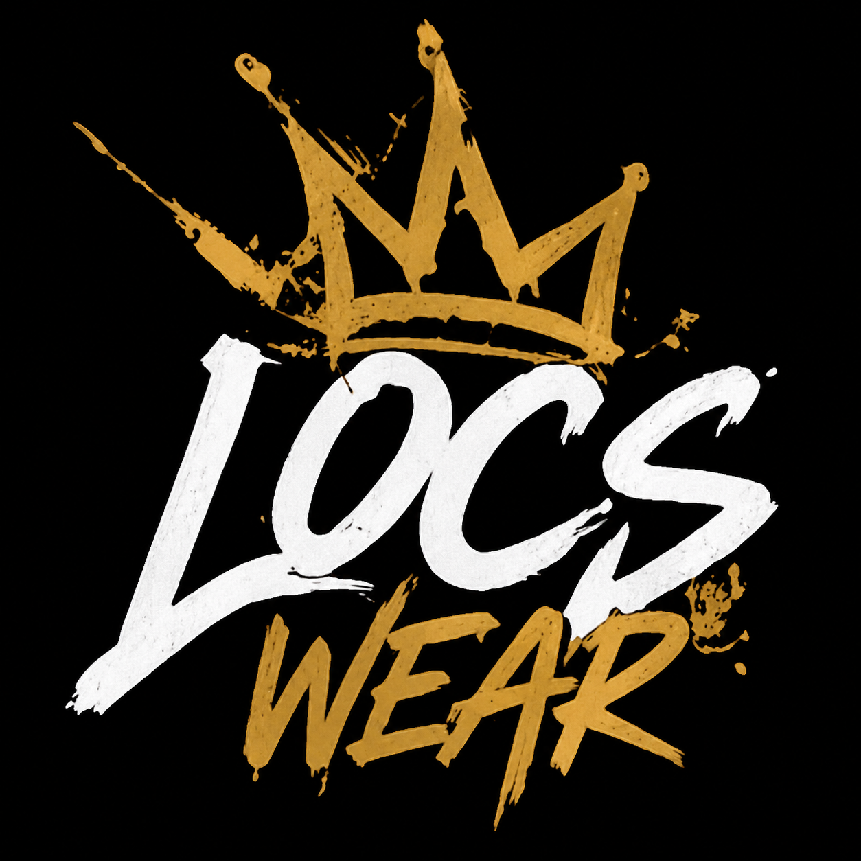 Black background with graffiti-style gold crown above the words 'LOCS WEAR' in white and gold lettering.