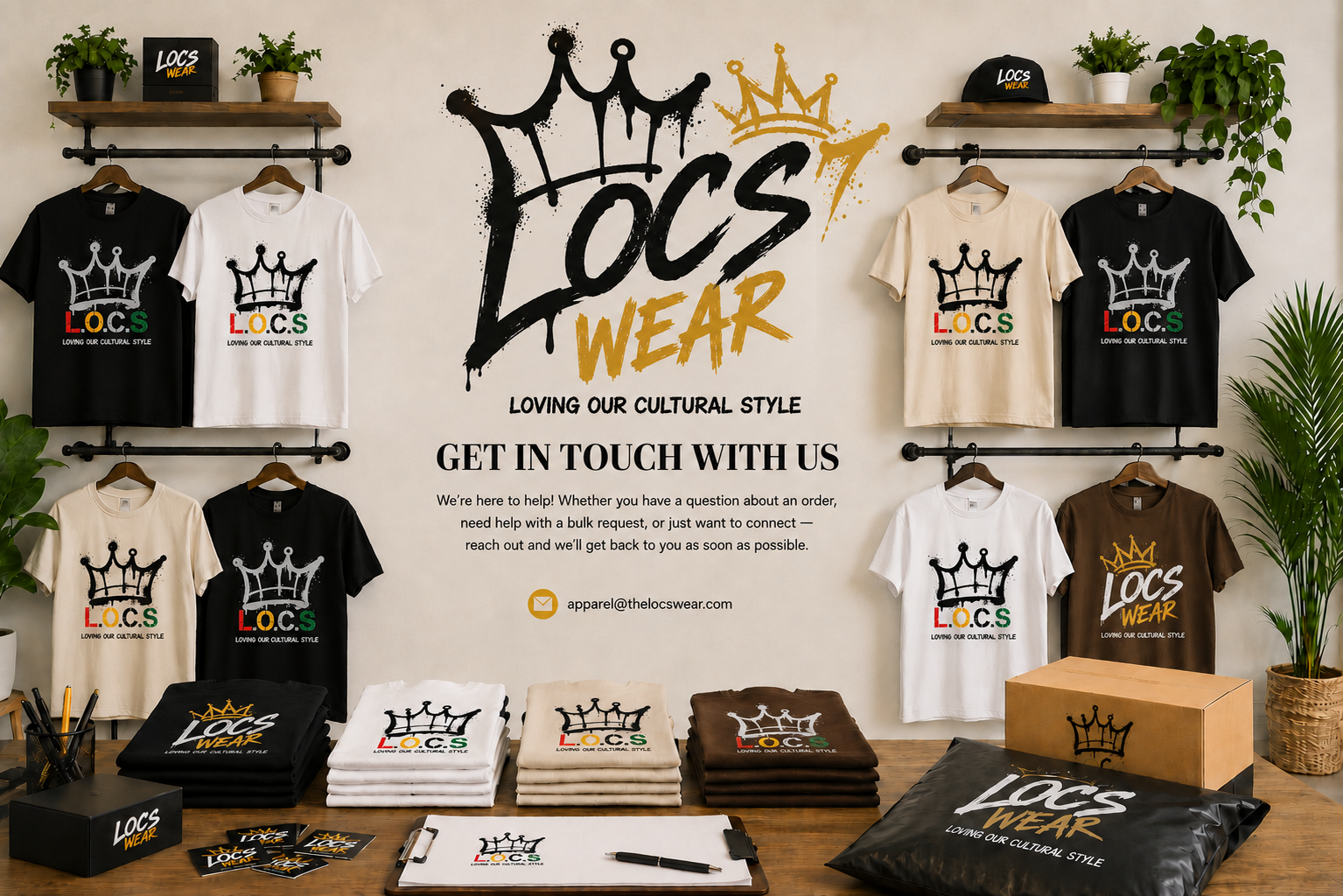 Display of T-shirts with 'LOCS WEAR' logo and crown graphic, along with promotional materials and plants in a retail space promoting cultural style clothing.