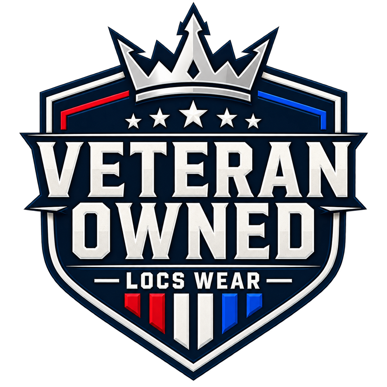 A badge with a crown and stars that reads "Veteran Owned" and "Locs Wear" in red, white, and blue colors, symbolizing pride and patriotism.