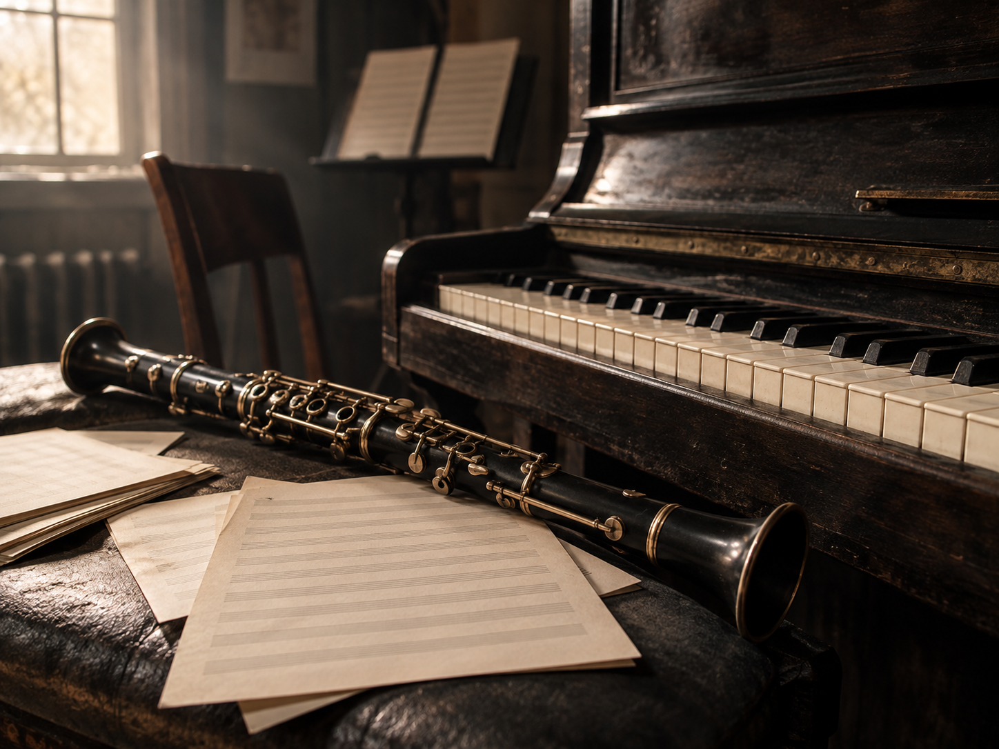 Piano and clarinet in a softly lit rehearsal room