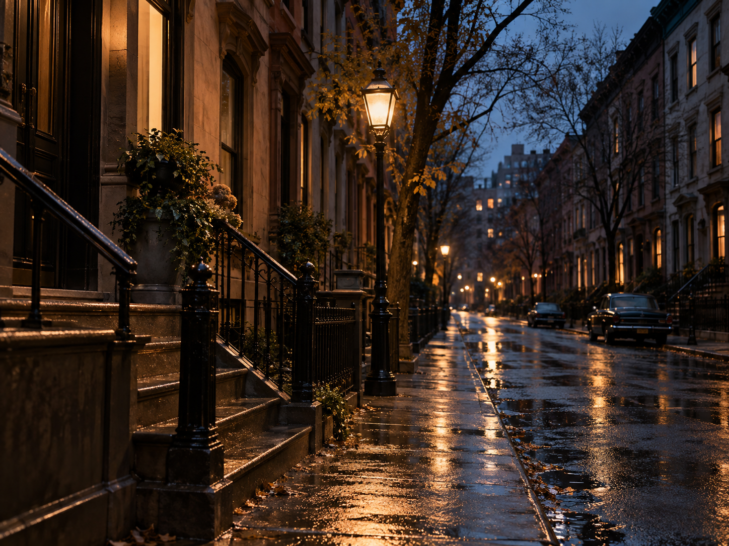 New York brownstone street at blue hour