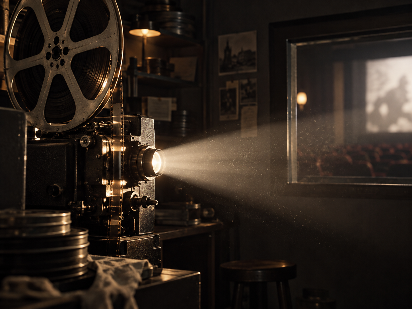 Vintage film projector casting light across a cinema