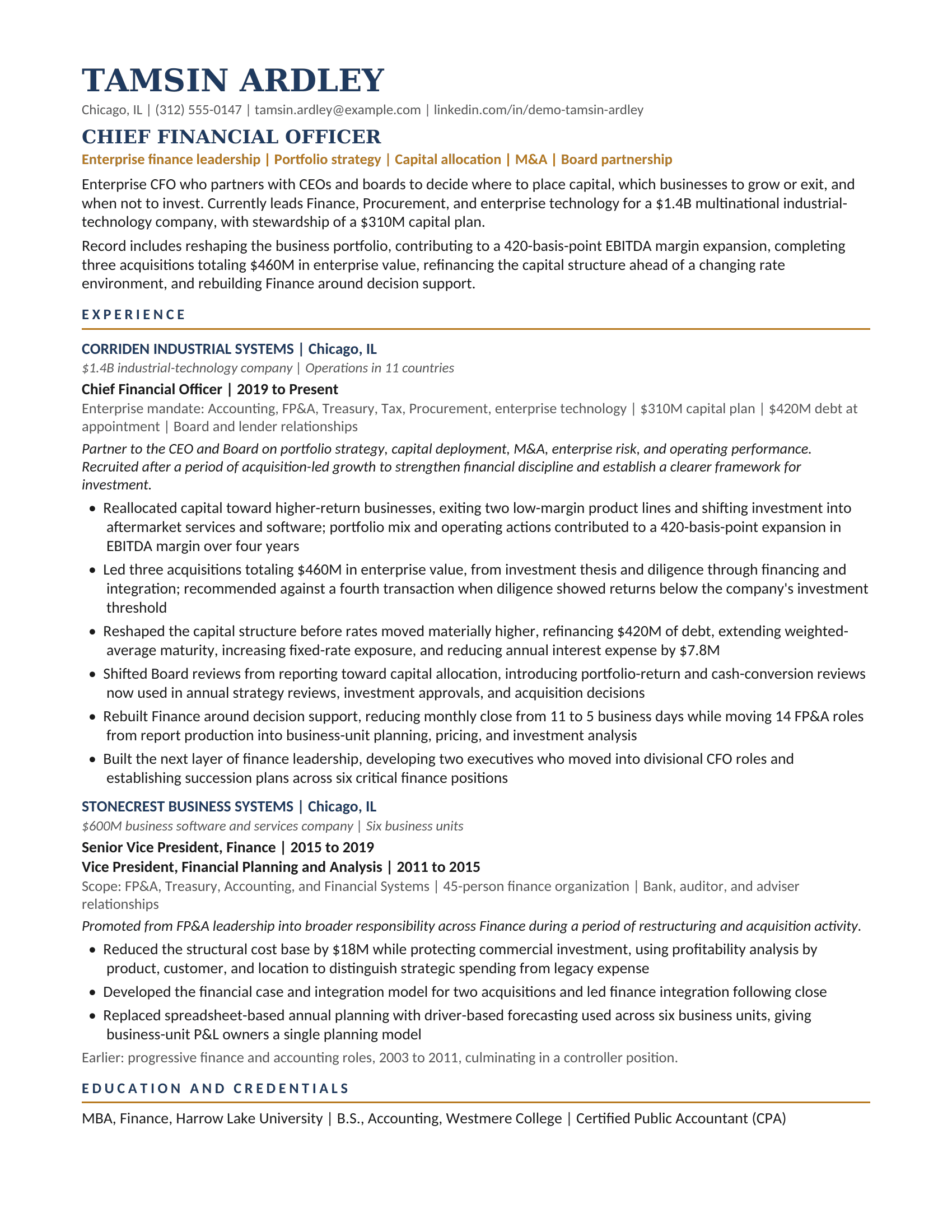 Fictional rebuilt resume for the Chief Financial Officer to Enterprise CFO demonstration.