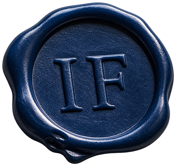 Close-up of a blue wax seal with the initials "IF" embossed in the center.