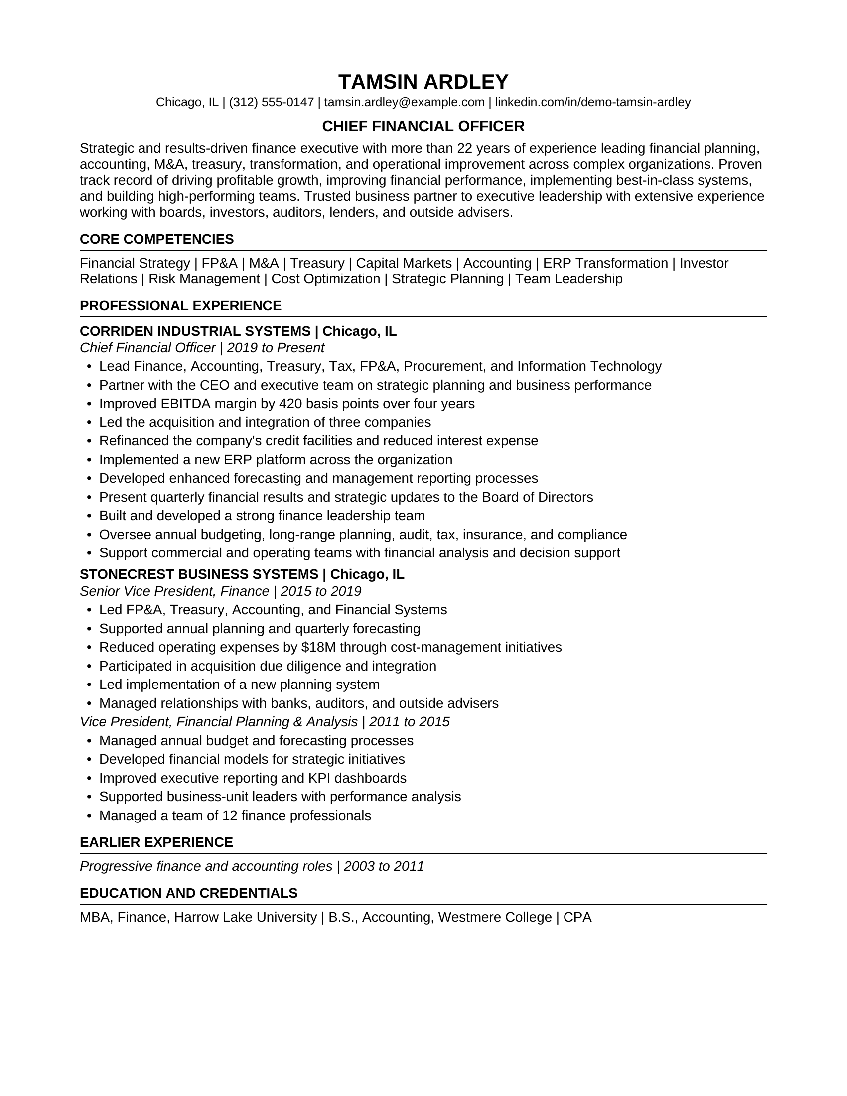 Fictional starting resume for the Chief Financial Officer to Enterprise CFO demonstration.