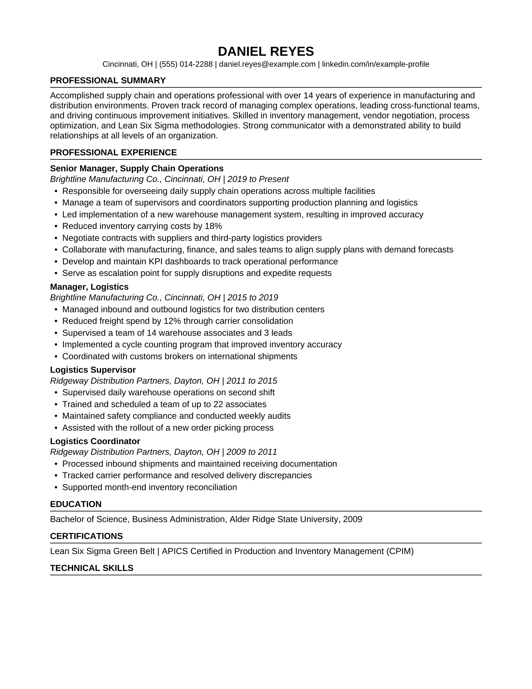 Fictional starting resume for the Senior Manager, Supply Chain to Director demonstration.