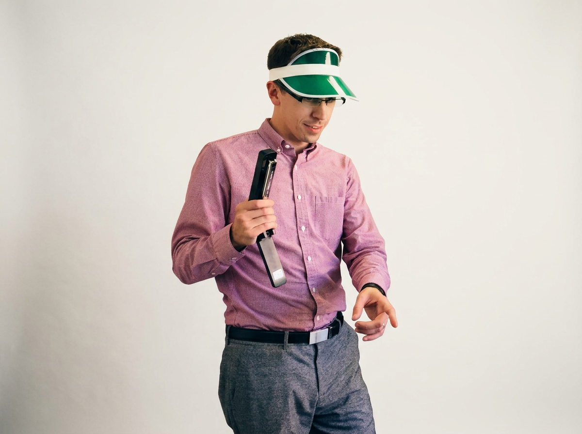 A young man wearing a green and white visor, black glasses, and a pink button-up shirt holding a golf club, standing against a plain white background.