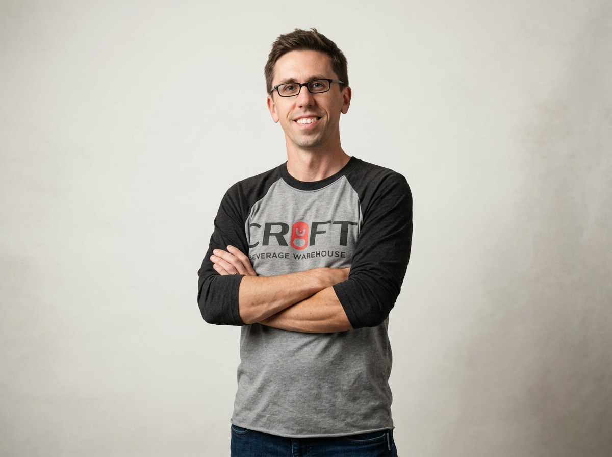 A smiling man with glasses, wearing a gray and black baseball tee with the words 'CROFT Beverage Warehouse' on it, crosses his arms and stands against a plain, light-colored background.