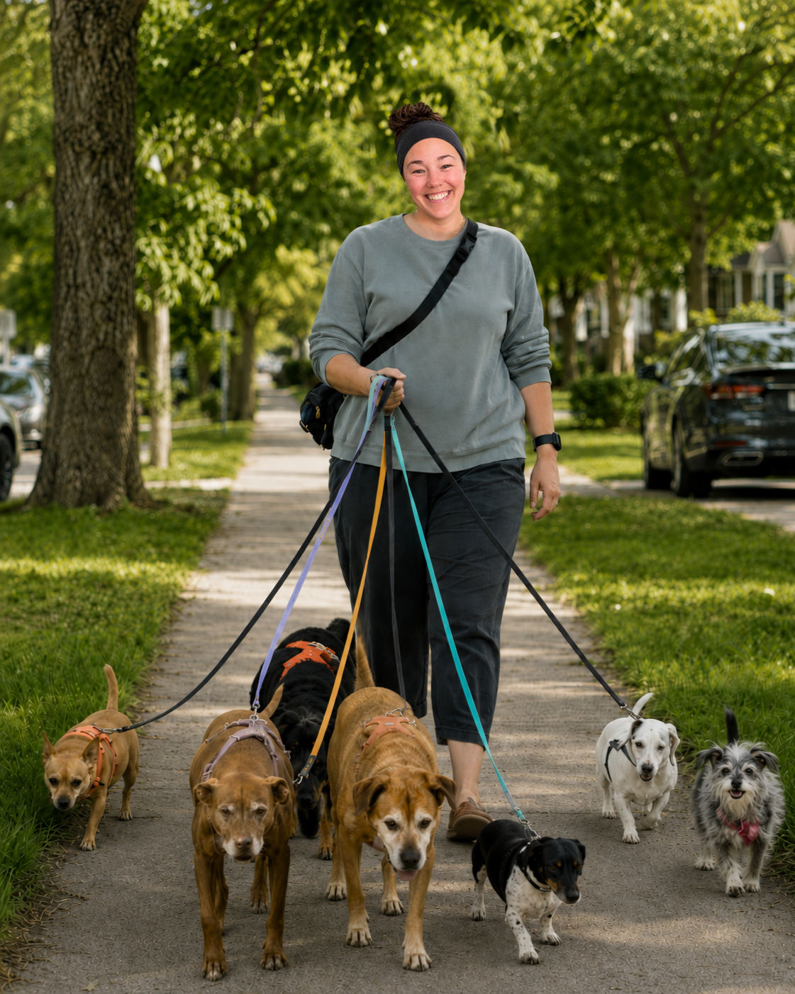 A smiling woman walking seven dogs on a sidewalk in a suburban neighborhood.