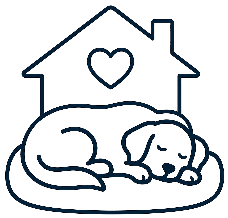 Line drawing of a sleeping dog curled up in a bed under a house-shaped frame with a heart inside the house.