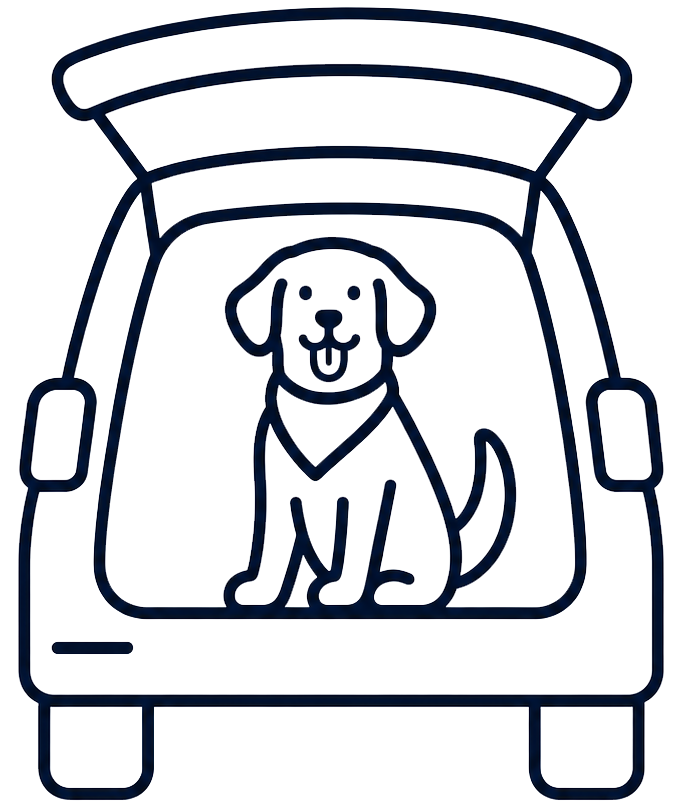 Line drawing of a happy dog sitting inside a car with the trunk open.