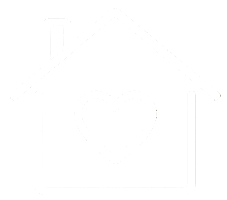 White line drawing of a house with a heart inside on a black background.