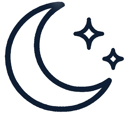 Dark blue crescent moon with three surrounding stars.