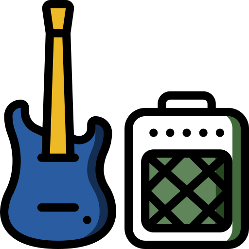 Ilustración de una guitarra eléctrica azul con un amplificador verde y negro