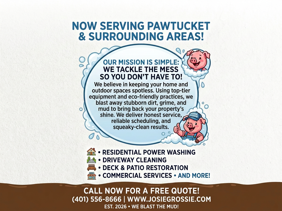 Flyer for Pawtucket and surrounding areas cleaning services, featuring cartoon pigs and text about their mission, services offered including residential power washing, driveway cleaning, deck and patio restoration, and commercial services, with contact information and website at the bottom.