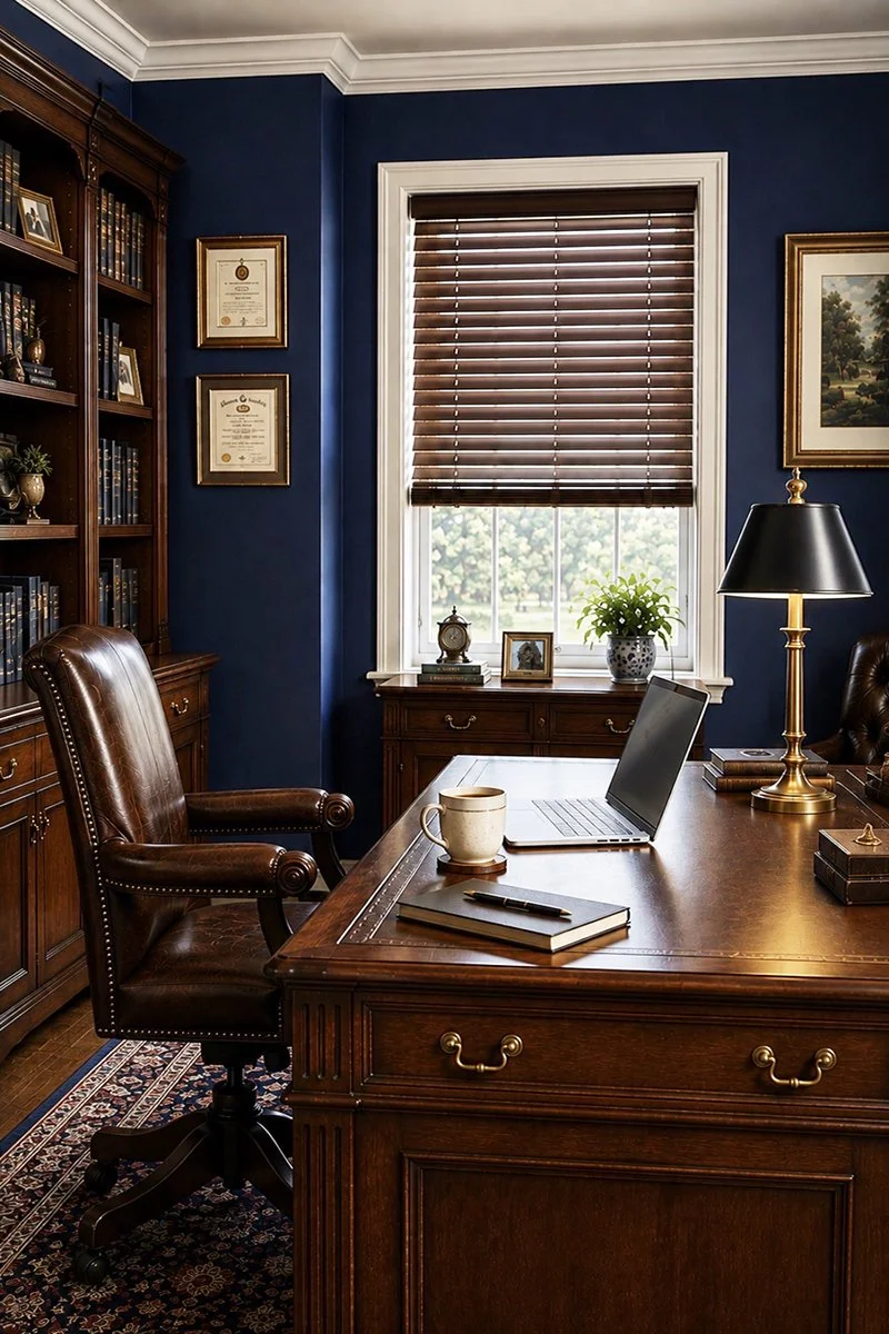 An elegant home office with a large wooden desk, leather chair, bookshelf, and window with wooden blinds, decorated with plants, framed certificates, and artwork.