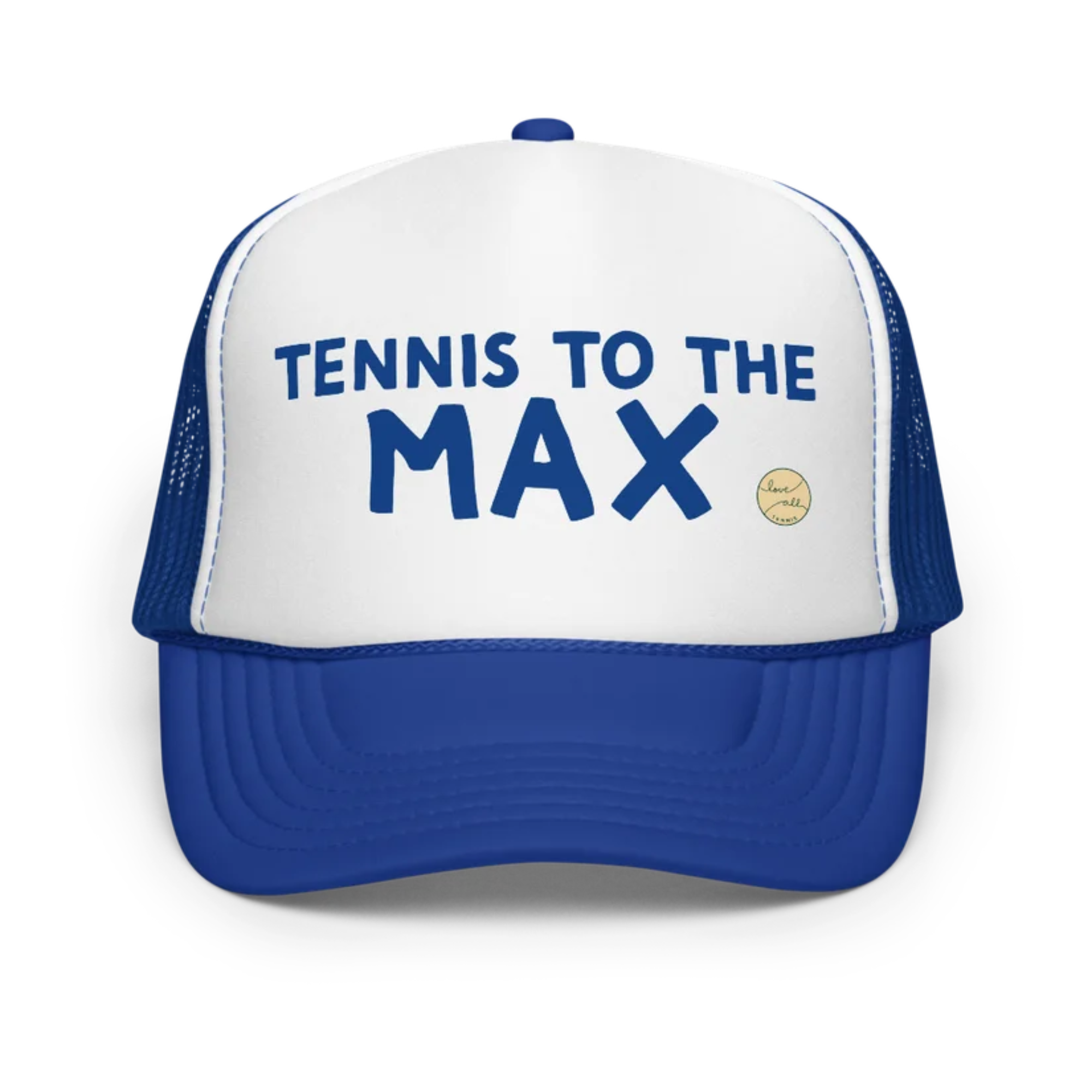 A white and blue backpack with the text 'TENNIS TO THE MAX' on the front pocket.