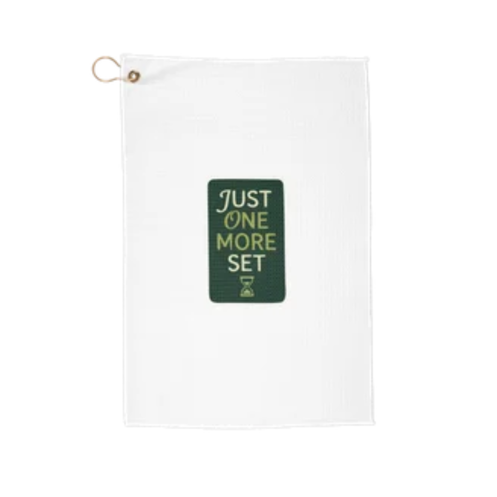 White gift bag with green text that reads "Just One More Set" and a gold pull string.