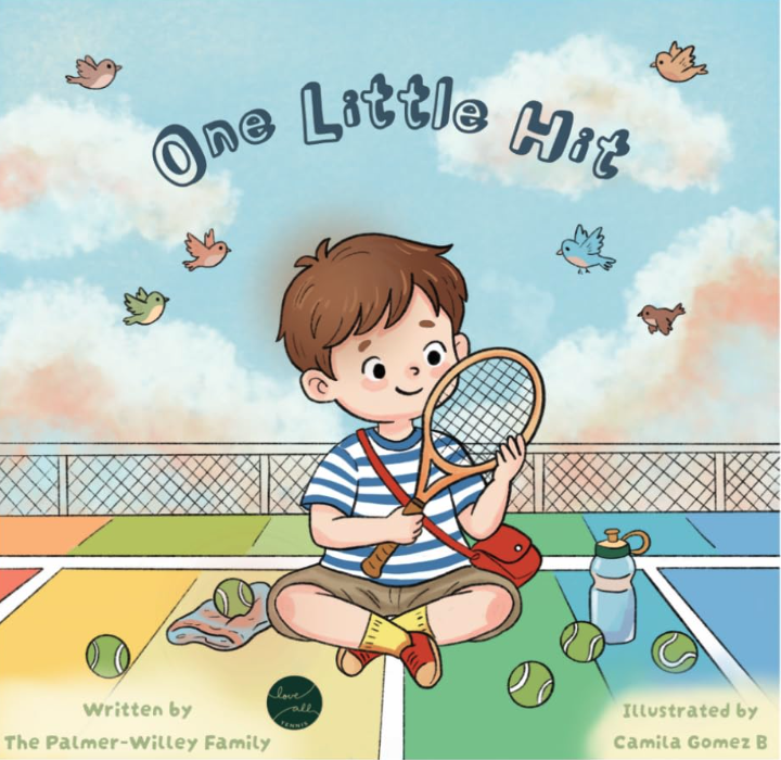 A young boy sitting on a tennis court with a tennis racket, surrounded by tennis balls, holding a tennis racket and smiling. The sky is blue with clouds and birds. The title reads 'One Little Hit'.