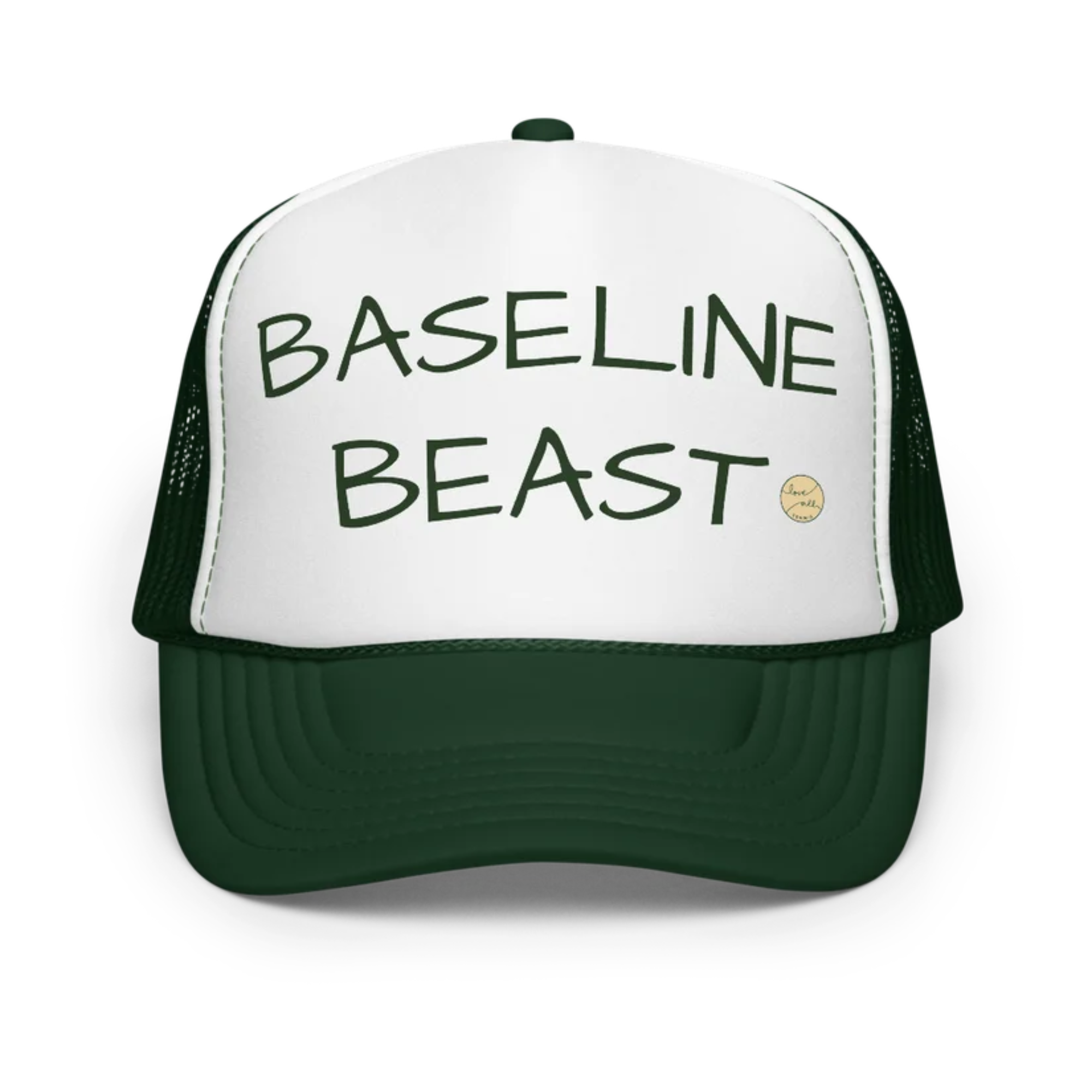 Back of a baseball cap with the words 'Baseline Beast' written on it.