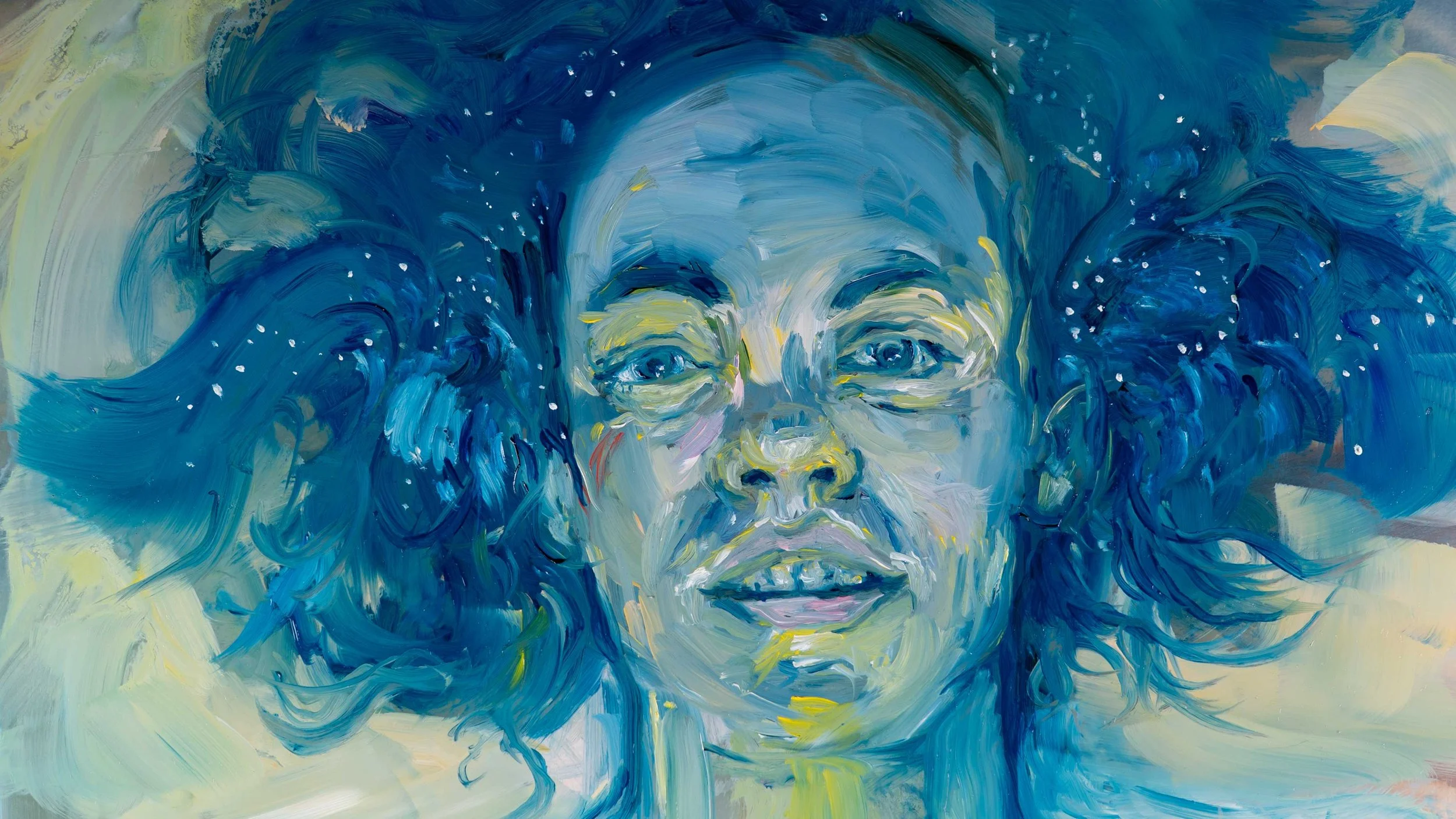A close-up oil painting of a woman's face washed in blue and green tones. 