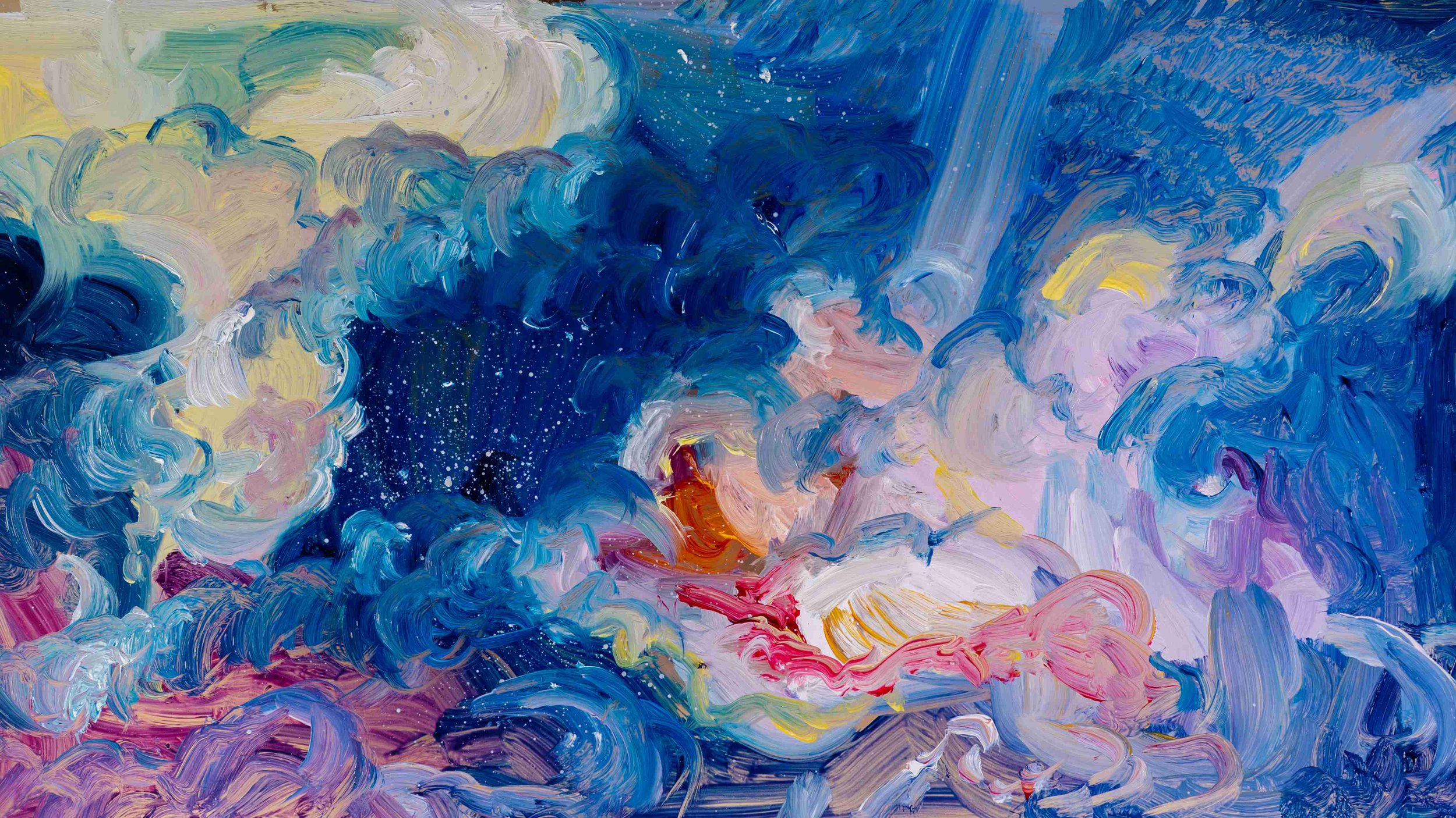 An oil painting of expressive clouds with swaths of pink, red, and yellow against a dark blue sky.