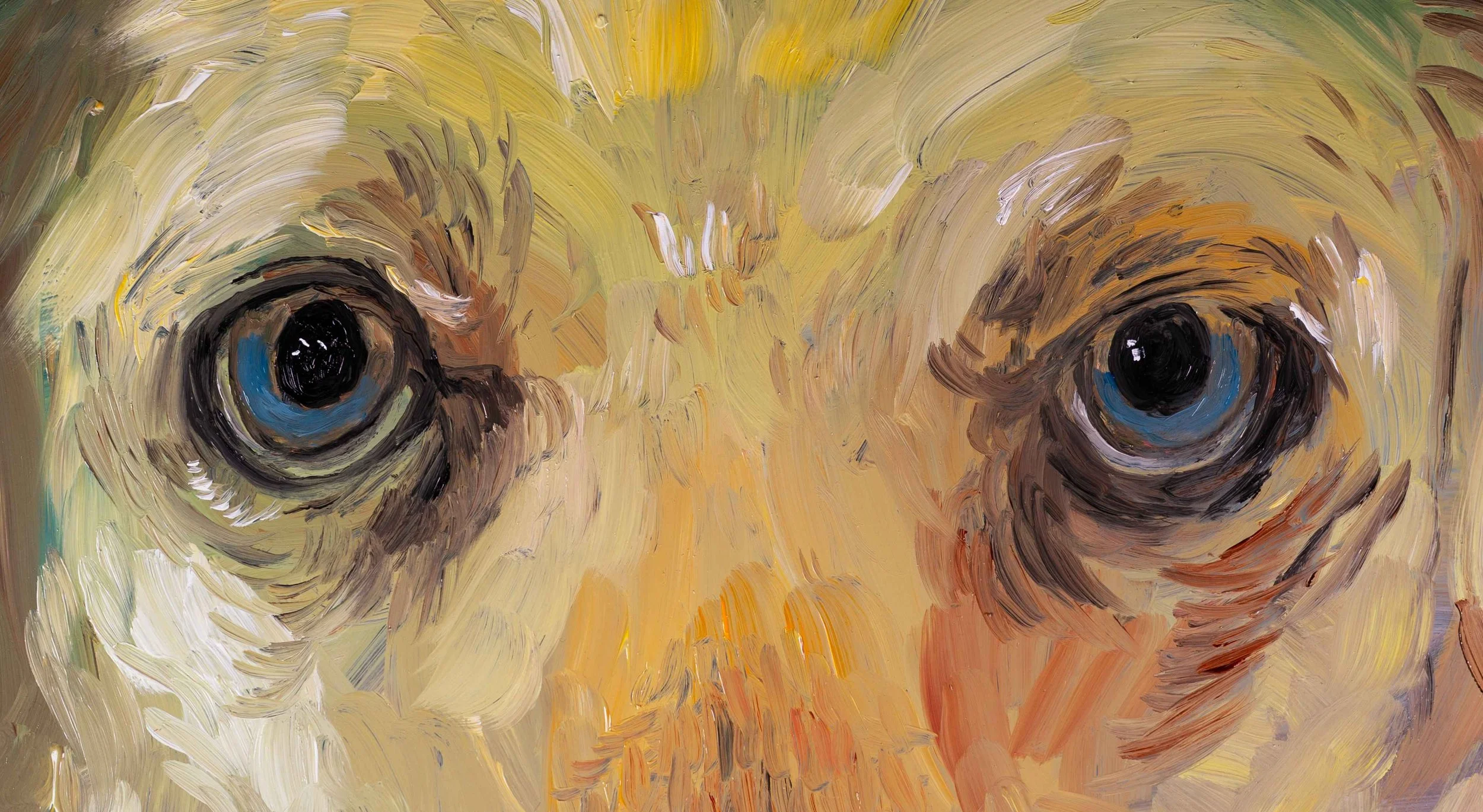 A close-up oil painting of a yellow Labrador retriever's eyes.