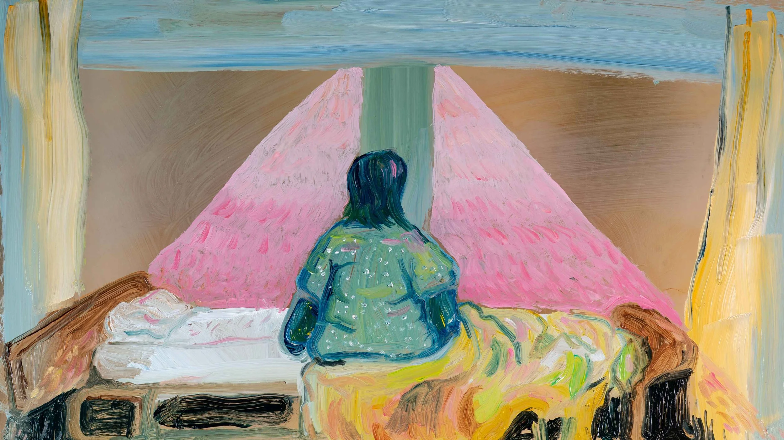 An oil painting depicting a seated blueish figure viewed from behind, looking through a large window with blue panes. They are in a bed with greens linens. The other side of the window depicts a large pink triangle shape.