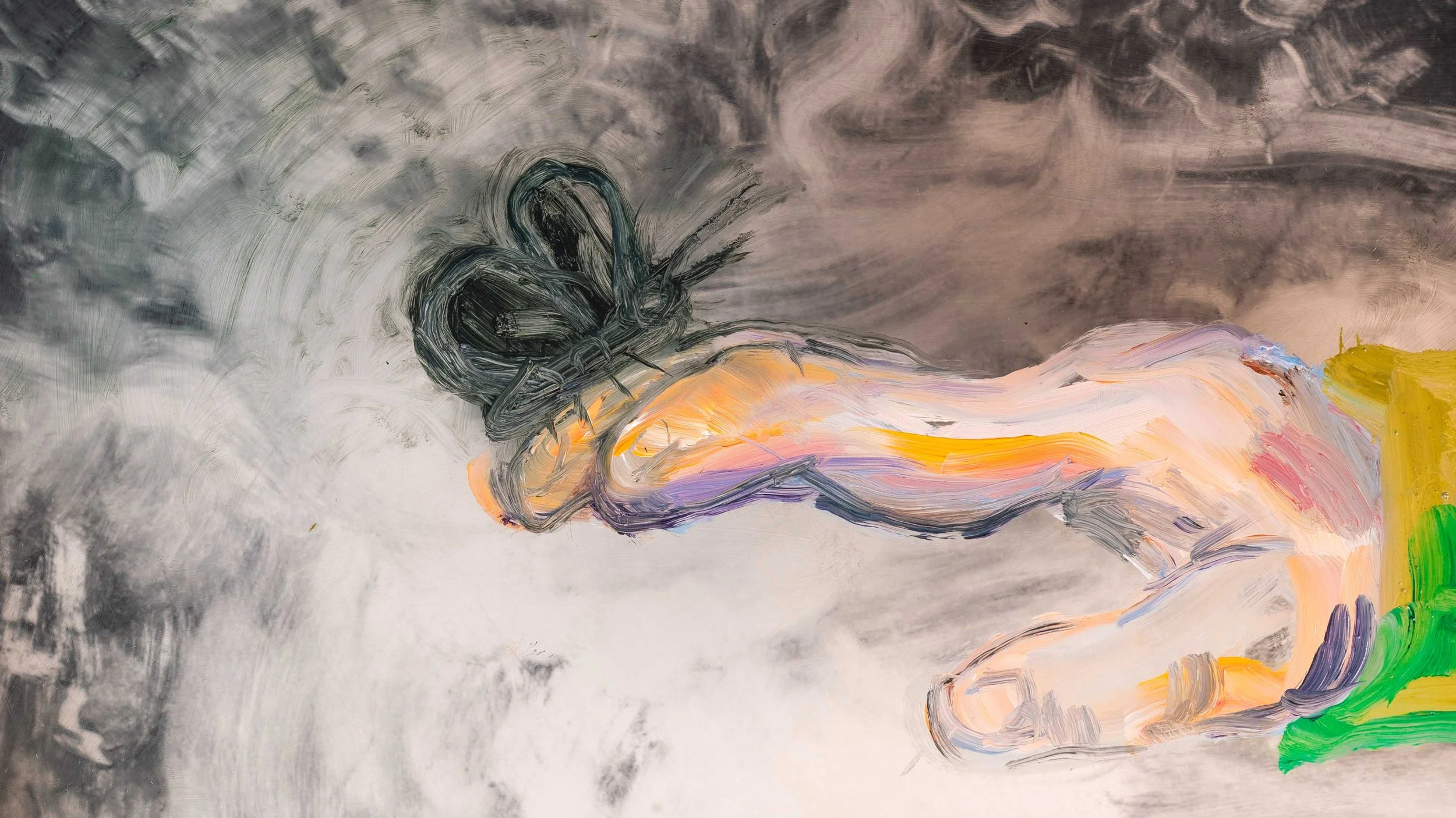An oil painting depicting a close up of a light skinned hand, palm facing down, with a black butterfly resting on the tip of the middle finger.