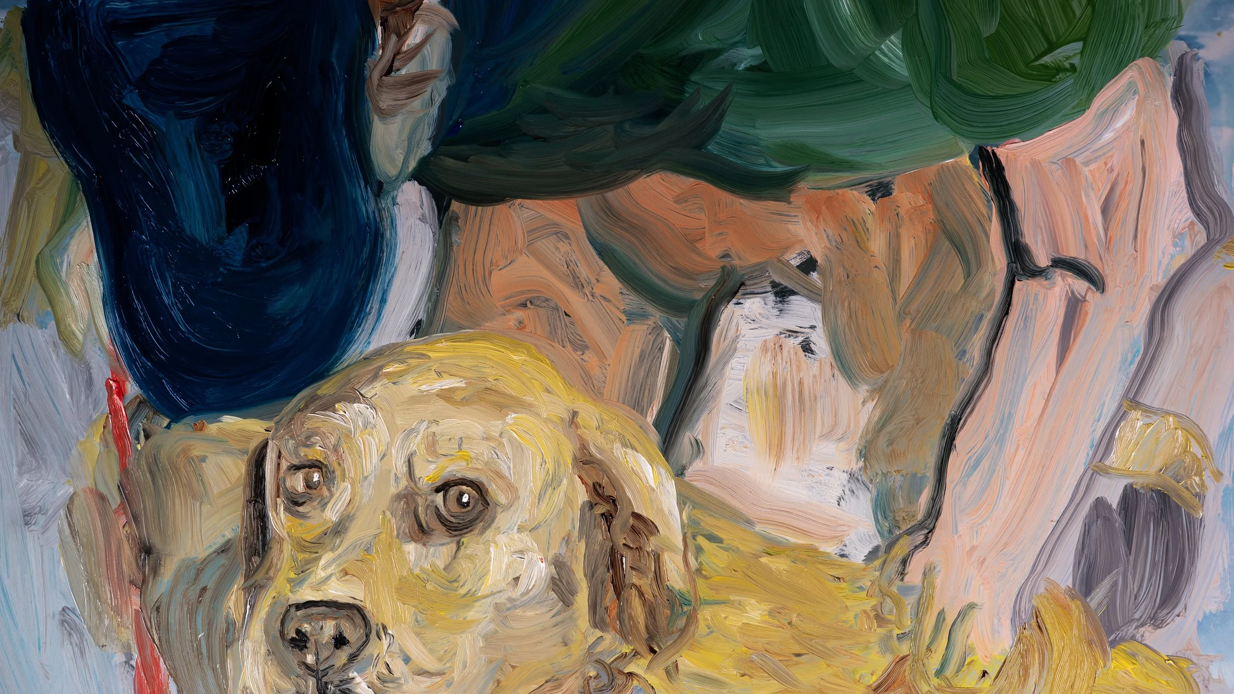 An oil painting of a person in a green shirt and blue baseball cap leaning down to pet a yellow Labrador.