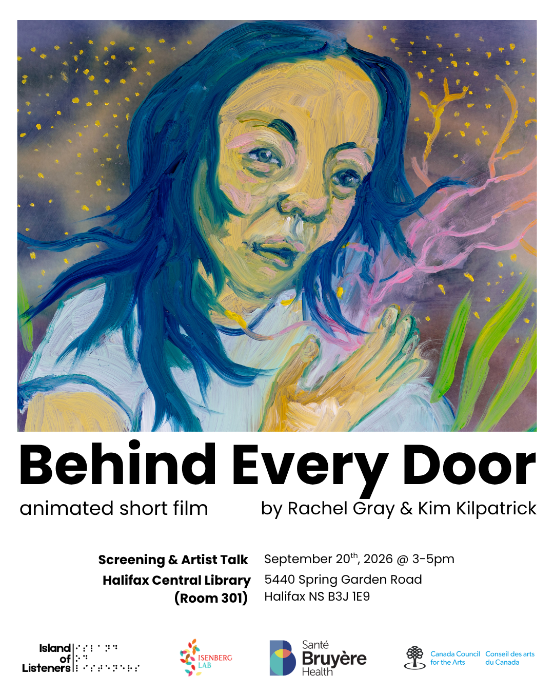A poster for Behind Every Door featuring an oil painting of a woman surrounded by branching light, with screening details for September 20, 2026 at Halifax Central Library and partner logos along the bottom.
