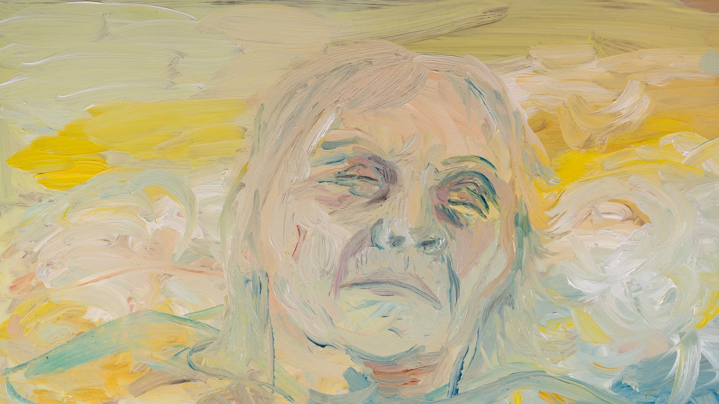 A close-up oil painting of a light-skinned woman with white hair, closed eyes, and a slight smirk, in yellow and blue tones.