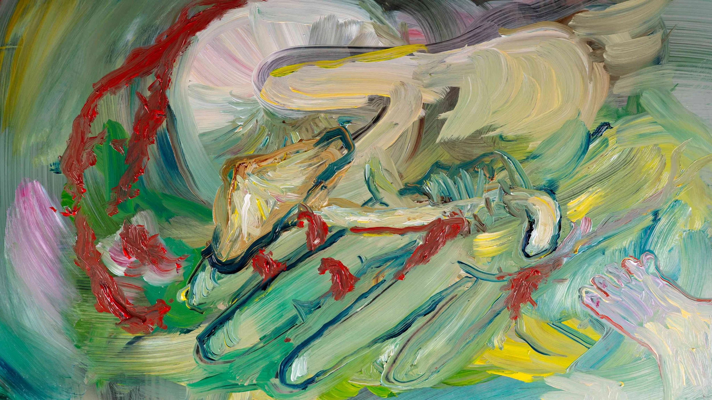 A close-up oil painting of a light-skinned hand, palm up, with a mushroom growing from the palm and splatters of red paint.