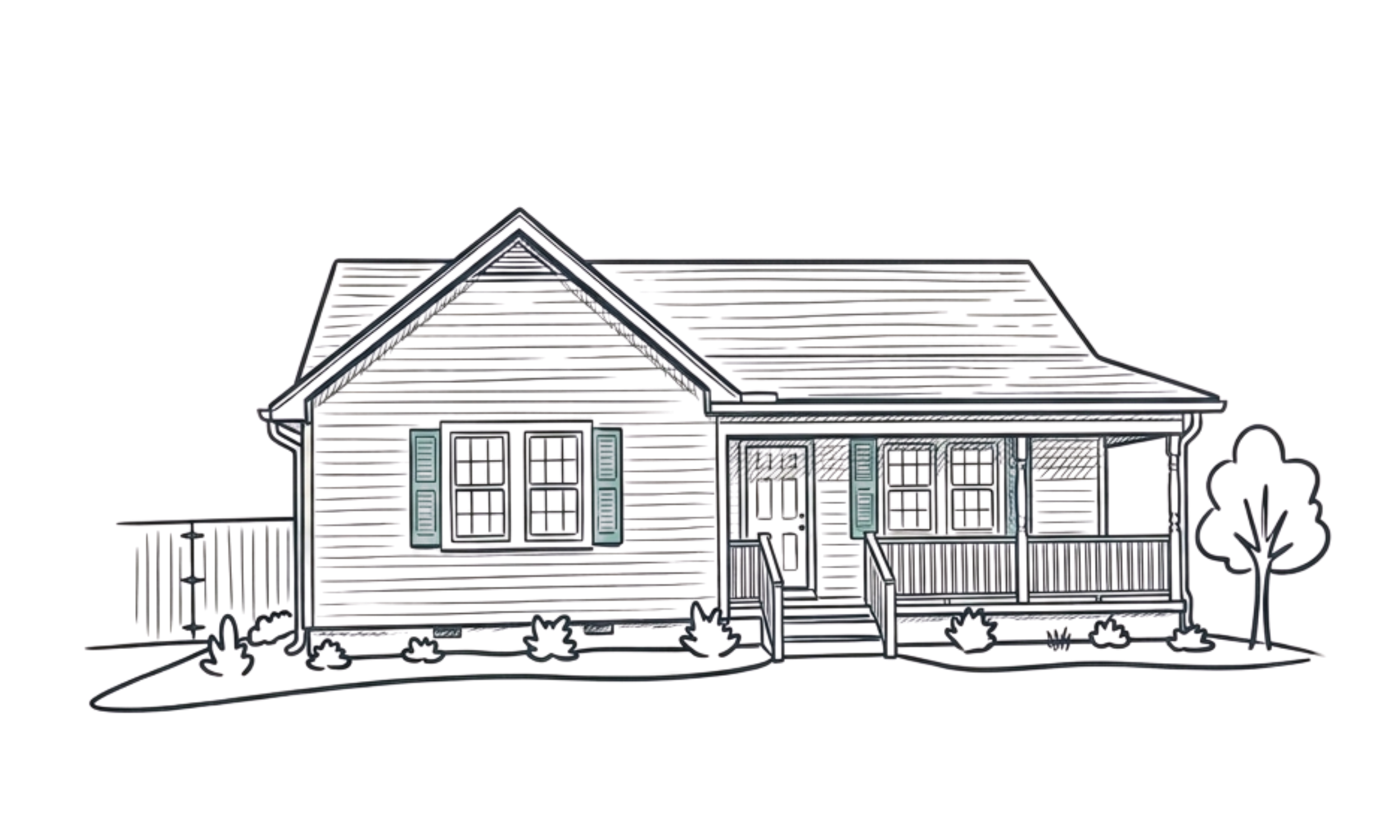 A digitally rendered outline of a house with a front porch, windows, and a gable roof, with a small tree on the right and a welcome sign in the yard.