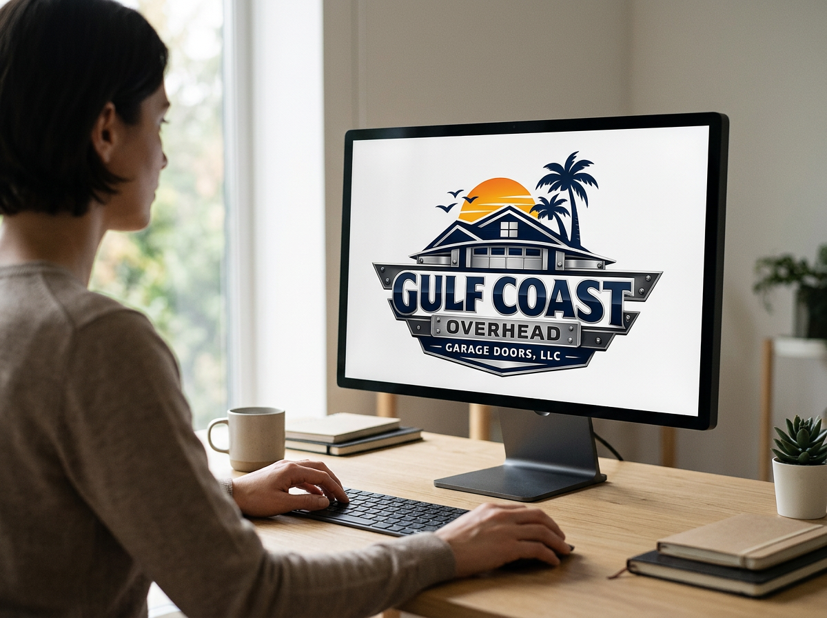 A woman working at a desk with a computer displaying a logo for Gulf Coast Overhead Garage Doors, LLC, featuring a house, palm trees, birds, and a sunset.