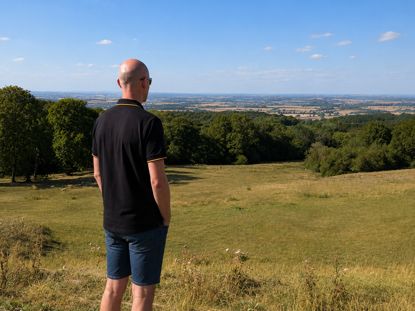 A bald man wearing sunglasses, a black polo shirt, and denim shorts stands on a grassy hill, looking out over a landscape of green trees, fields, and a distant horizon under a blue sky with scattered clouds.