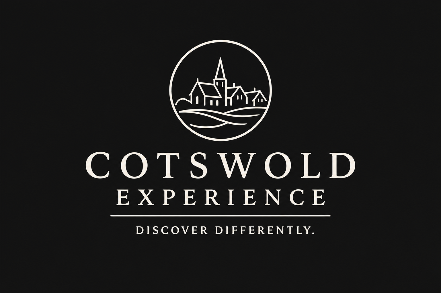 Logo for Cotswold Experience with an illustration of a church and houses inside a circle, and the tagline 'Discover Differently'.