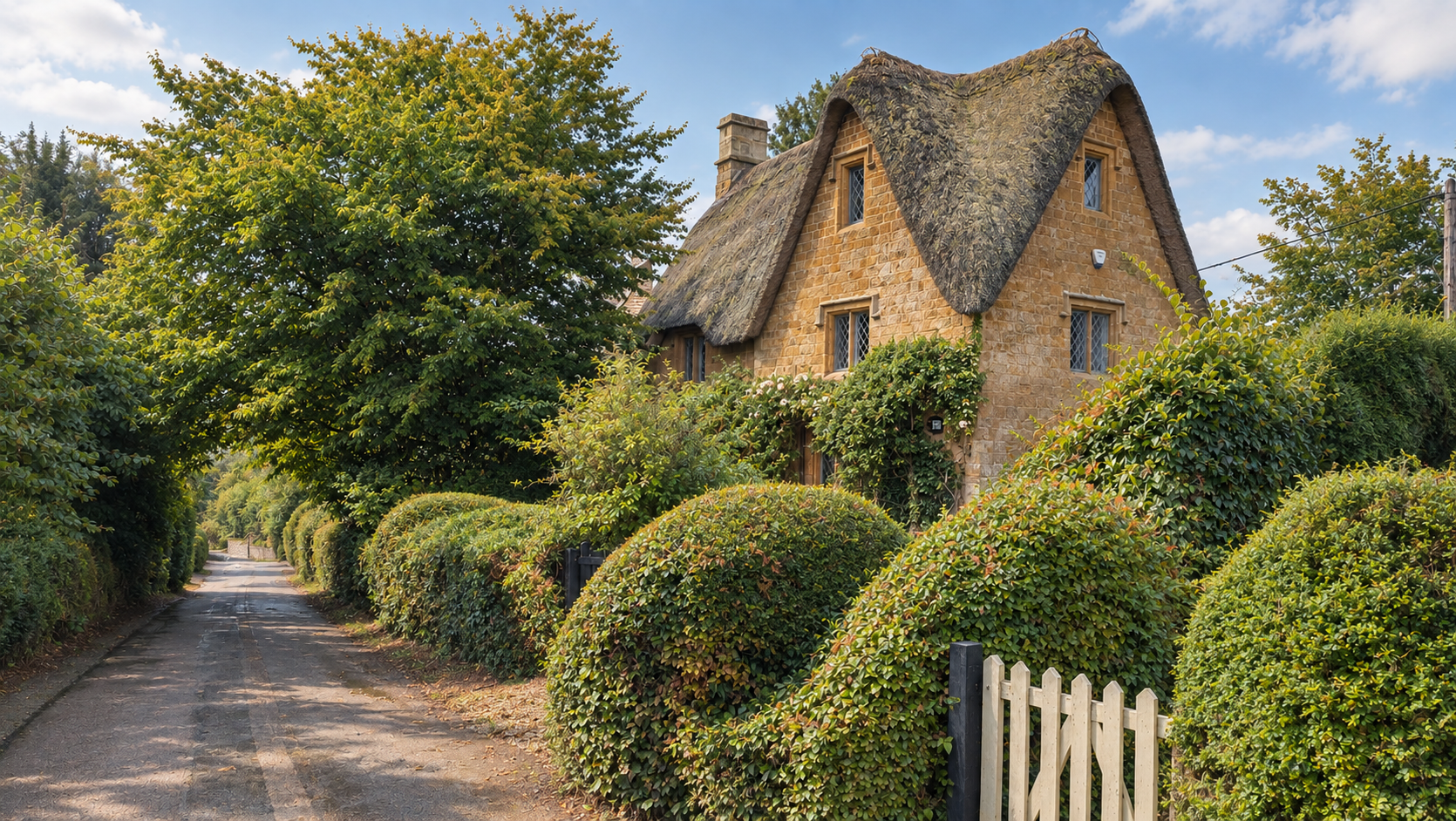 A cottage with a thatched roof and stone walls, surrounded by lush greenery and bushes, along a narrow country road on a sunny day.