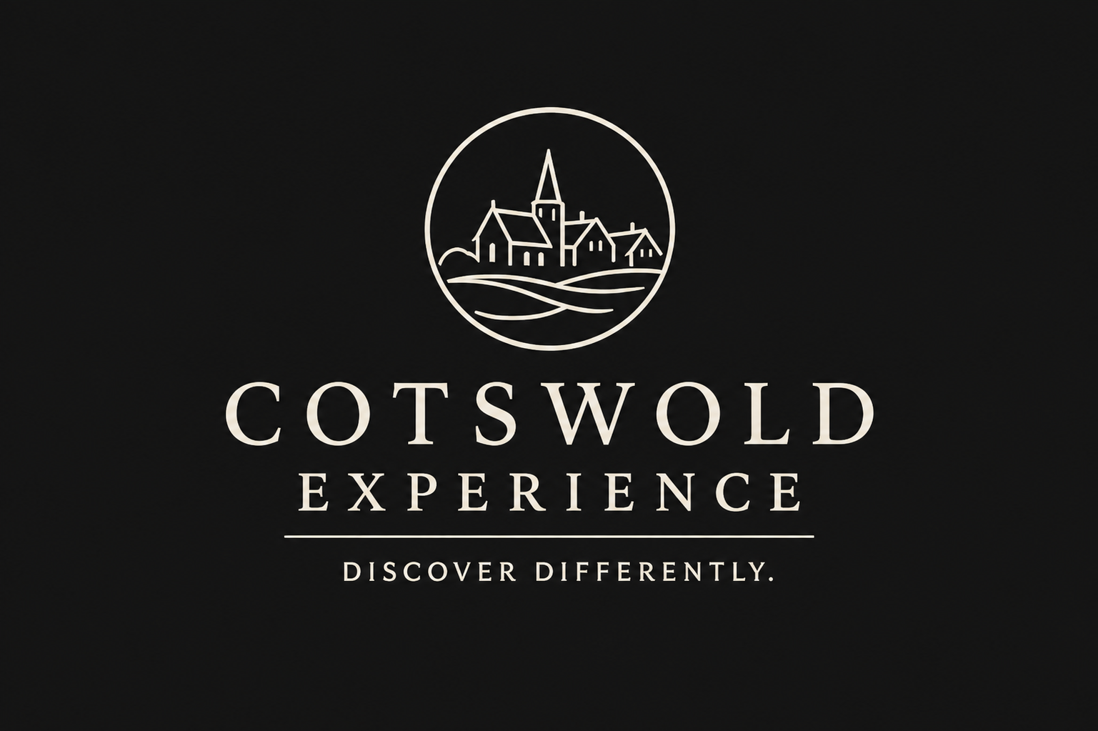 Logo for Cotswold Experience featuring a line drawing of a church and village in a circle and the text 'Cotswold Experience Discover Differently'.