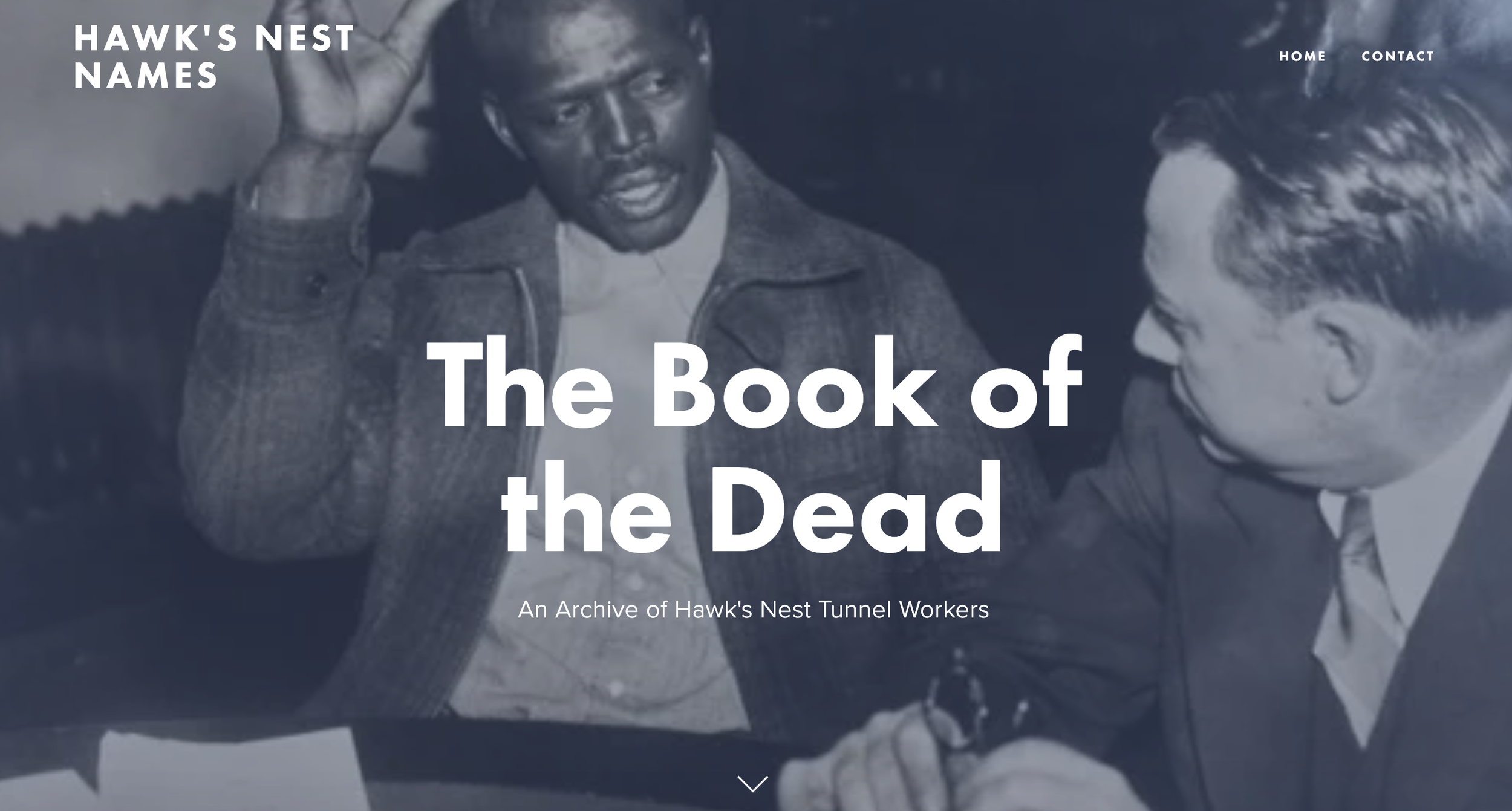 A historical black-and-white photo of George Robinson providing senate testimony, with overlaid text reading "The Book of the Dead" and a subtitle about Hawk's Nest Tunnel workers.