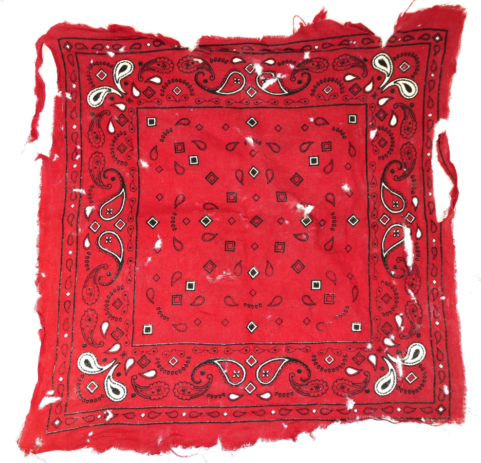Red bandana with a paisley pattern and black and white details, slightly torn edges.