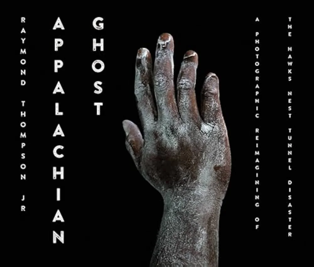 Close-up of a weathered, dirty hand with black fingernails against a black background, with text on either side promoting an art exhibition titled "Apocalypse Gastro" by Raymond Thompson Jr, featuring photographic re-imagining of the hawks nest tuster.