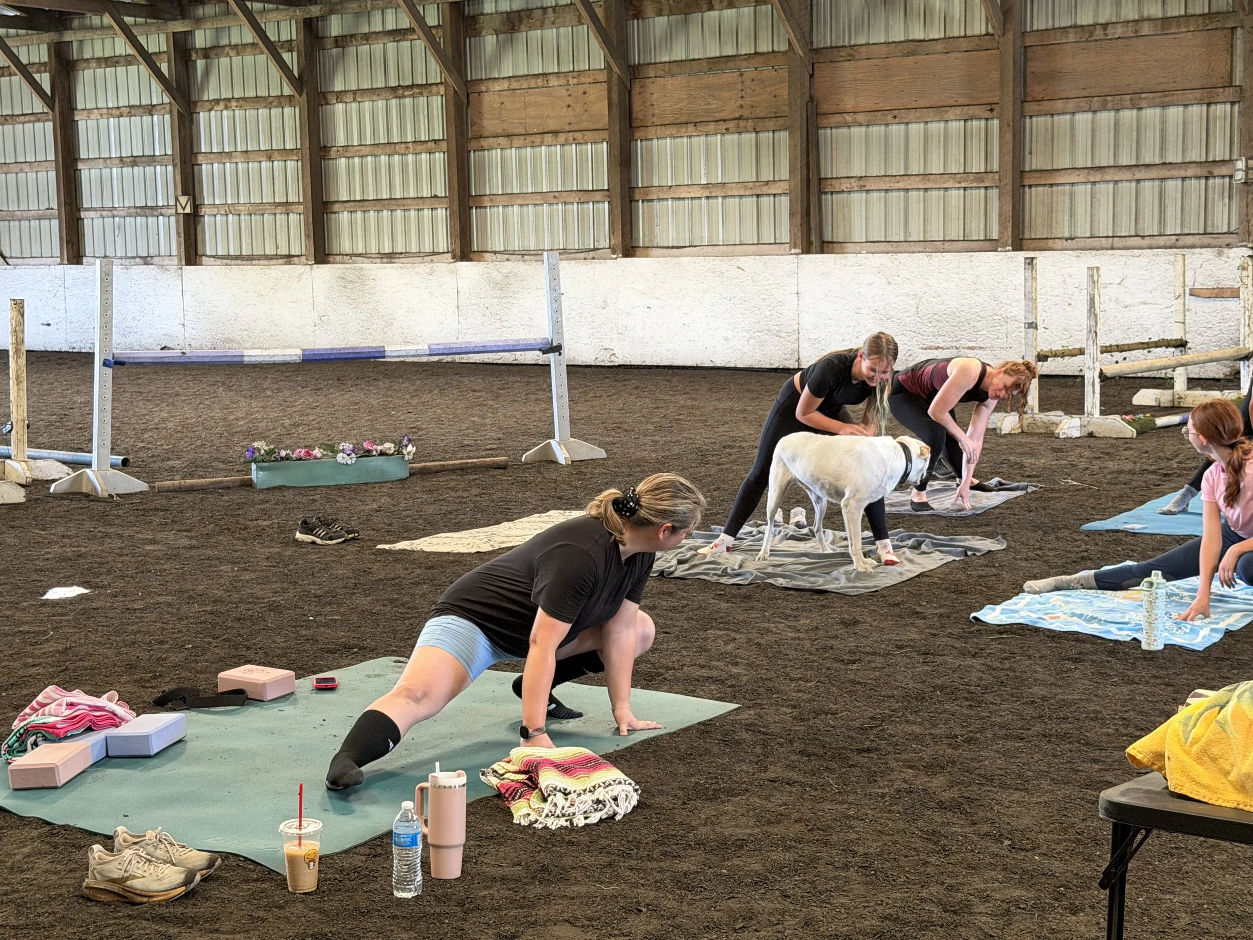 People practicing yoga on mats inside a large indoor arena with wood-paneled walls and equestrian jumps.