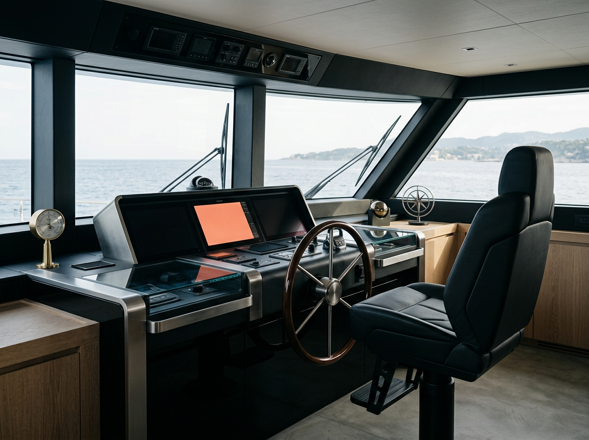 Interno del ponte di comando di una nave, con schermi, strumenti di controllo, una sedia nera e grandi finestroni con vista sul mare e un paesaggio costiero.