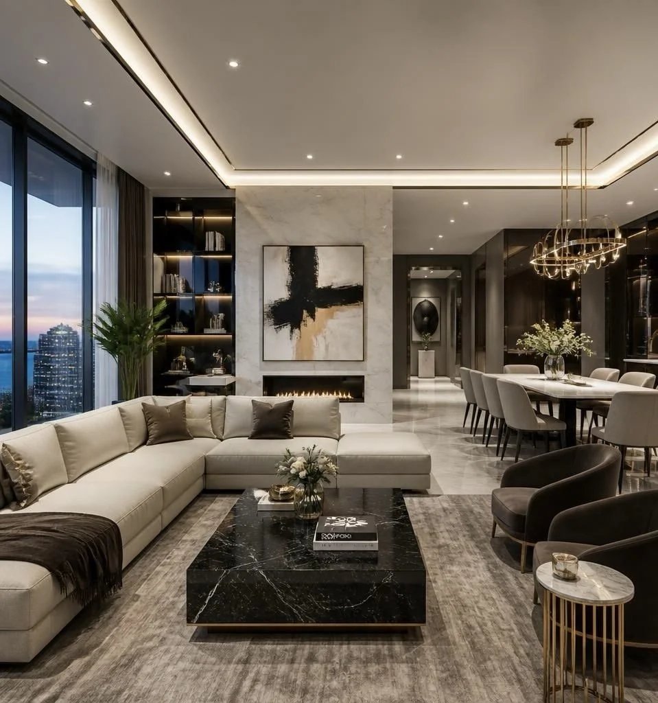 Interno di un soggiorno elegante e moderno con divano bianco, tavolino in marmo nero, sedie eleganti, decorazioni di arte astratta e una vista sulla città attraverso grandi finestre.