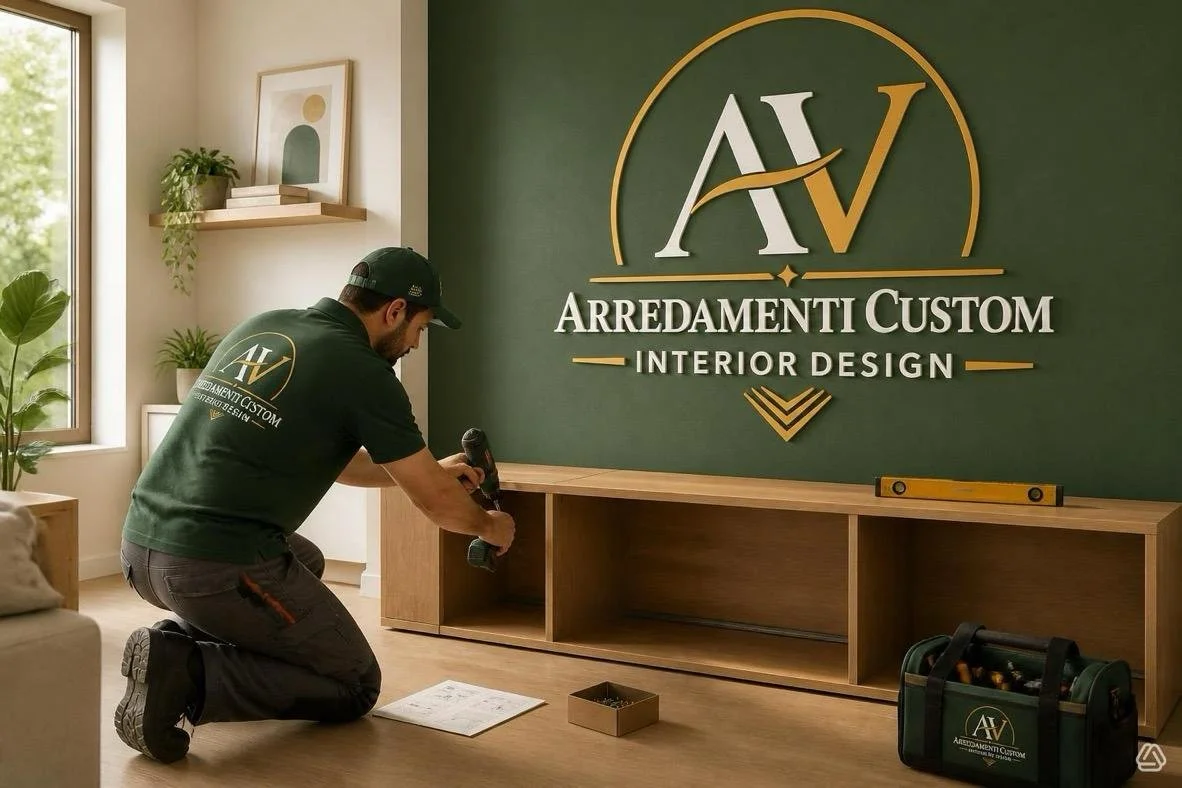 Un uomo in abbigliamento verde con logo 'Arredamenti Custom' sta installando un mobile in soggiorno, con una parete verde dietro contenente il logo aziendale 'AV Arredamenti Custom Interior Design'.