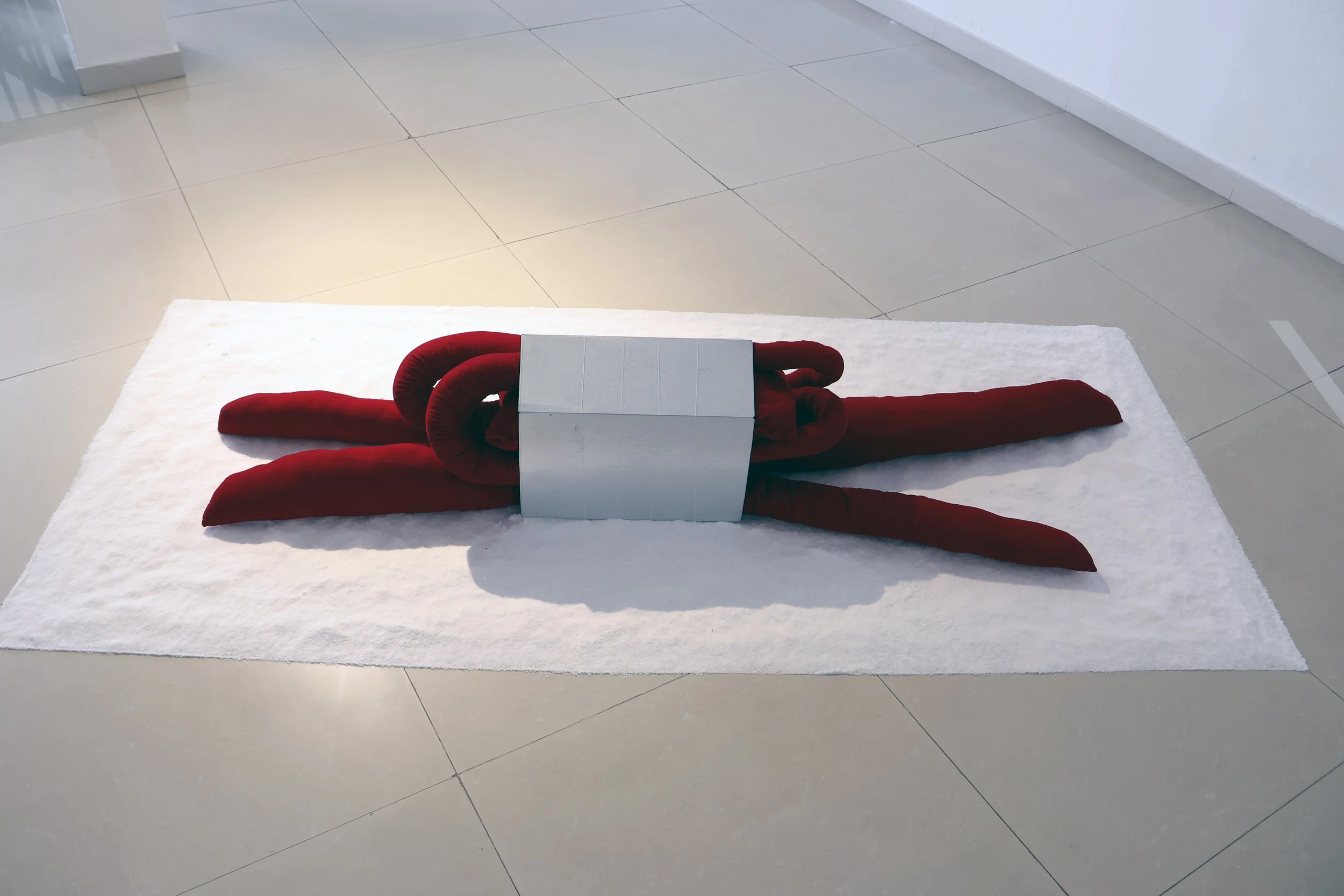Modern art sculpture with red curved elements and a rectangular gray element on top, placed on a white surface in a gallery or museum setting.